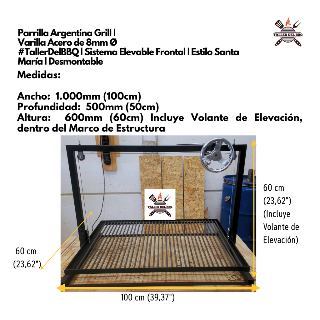 Parrilla Argentina Grill Modular Sistema Elevable Frontal |Tamaño S |70 × 50 × 60 cm #TallerDelBBQ | Estilo Santa María acero reforzado | Frontal, Más Espacio