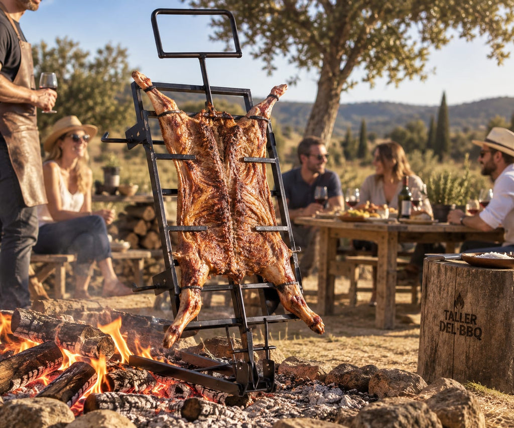 Cruz de asado ajustable artesanal para cordero, lechón, cochinillo y costillar. Asador argentino de acero reforzado, disponible en 3 tamaños y fabricado artesanalmente en España. Adjustable Argentine asado cross for lamb, suckling pig and ribs, made from reinforced steel and available in 3 sizes. Croix d’asado réglable pour agneau, cochon de lait et travers, en acier renforcé et disponible en 3 dimensions. Cruz de assado ajustável para cordeiro, leitão e costelas, fabricada em aço reforçado e disponível em 