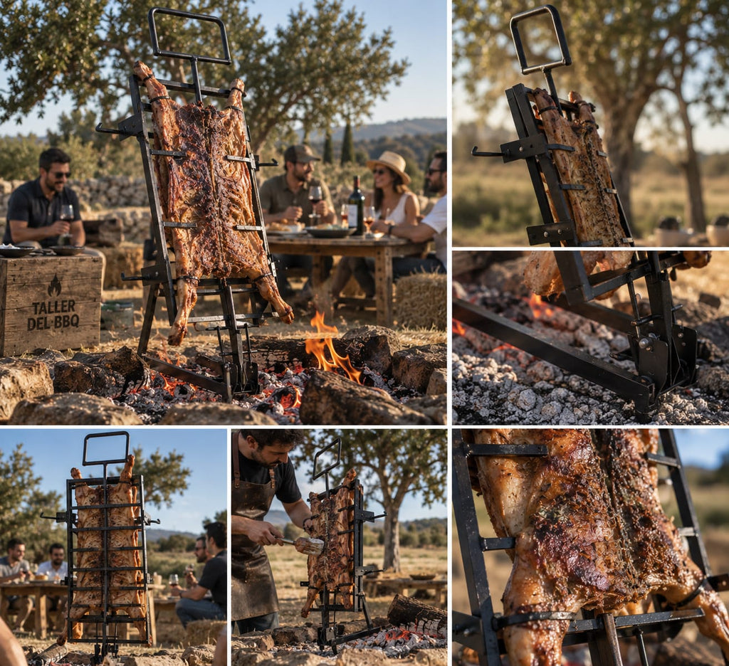 Cruz de asado ajustable artesanal para cordero, lechón, cochinillo y costillar. Asador argentino de acero reforzado, disponible en 3 tamaños y fabricado artesanalmente en España. Adjustable Argentine asado cross for lamb, suckling pig and ribs, made from reinforced steel and available in 3 sizes. Croix d’asado réglable pour agneau, cochon de lait et travers, en acier renforcé et disponible en 3 dimensions. Cruz de assado ajustável para cordeiro, leitão e costelas, fabricada em aço reforçado e disponível em 