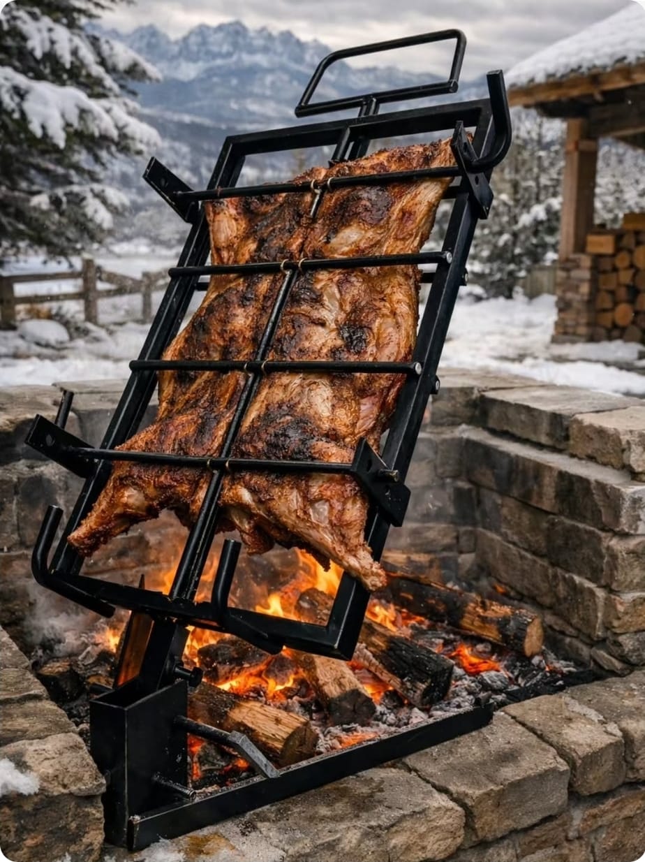 Cruz de asado ajustable artesanal para cordero, lechón, cochinillo y costillar. Asador argentino de acero reforzado, disponible en 3 tamaños y fabricado artesanalmente en España. Adjustable Argentine asado cross for lamb, suckling pig and ribs, made from reinforced steel and available in 3 sizes. Croix d’asado réglable pour agneau, cochon de lait et travers, en acier renforcé et disponible en 3 dimensions. Cruz de assado ajustável para cordeiro, leitão e costelas, fabricada em aço reforçado e disponível em 
