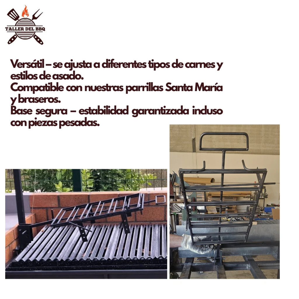 Cruz de asado ajustable artesanal para cordero, lechón, cochinillo y costillar. Asador argentino de acero reforzado, disponible en 3 tamaños y fabricado artesanalmente en España. Adjustable Argentine asado cross for lamb, suckling pig and ribs, made from reinforced steel and available in 3 sizes. Croix d’asado réglable pour agneau, cochon de lait et travers, en acier renforcé et disponible en 3 dimensions. Cruz de assado ajustável para cordeiro, leitão e costelas, fabricada em aço reforçado e disponível em 