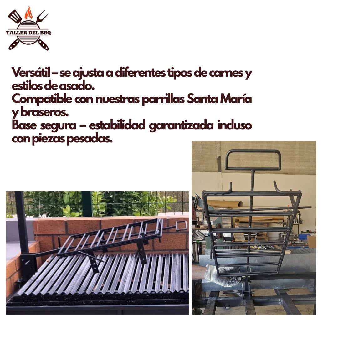Cruz de asado ajustable artesanal para cordero, lechón, cochinillo y costillar. Asador argentino de acero reforzado, disponible en 3 tamaños y fabricado artesanalmente en España. Adjustable Argentine asado cross for lamb, suckling pig and ribs, made from reinforced steel and available in 3 sizes. Croix d’asado réglable pour agneau, cochon de lait et travers, en acier renforcé et disponible en 3 dimensions. Cruz de assado ajustável para cordeiro, leitão e costelas, fabricada em aço reforçado e disponível em 